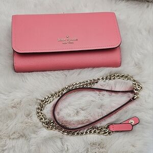 Kate Spade pink peach clutch wallet crossbody bag gold chain‎ straps